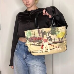 Vintage Bueno Canvas Vegan Leather  Artistic Beige and Black Tote
